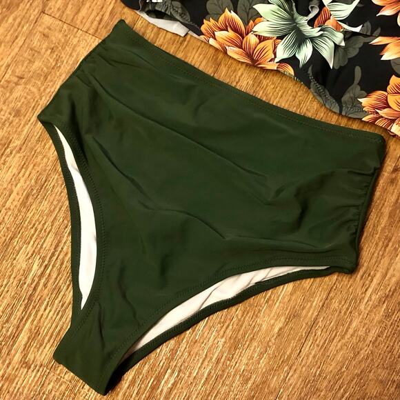 Cupshe Dark Green Floral One Shoulder Ruffle High Waisted Bikini Set Size Small - Picture 7 of 14